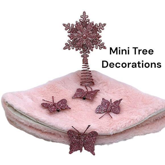 Pink Mini Tree 6 PC Lot Skirt Clip On Butterfly Ornaments Snowflake Tree Topper - Picture 1 of 2